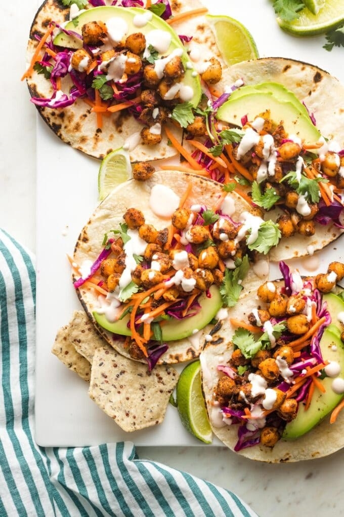 Chickpea tacos with avocado and slaw.