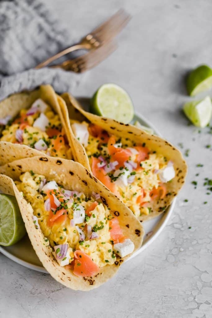 Smoked salmon and egg tacos for breakfast.