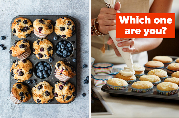 A tray of blueberry muffins are on the left with a tray of cupcakes on the right labeled,