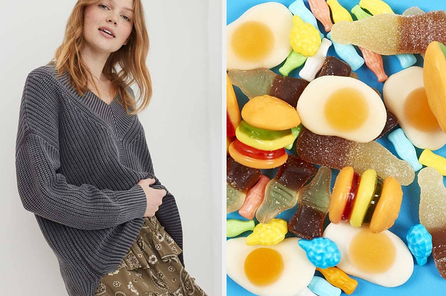 model in grey v-neck sweater; pile of candy