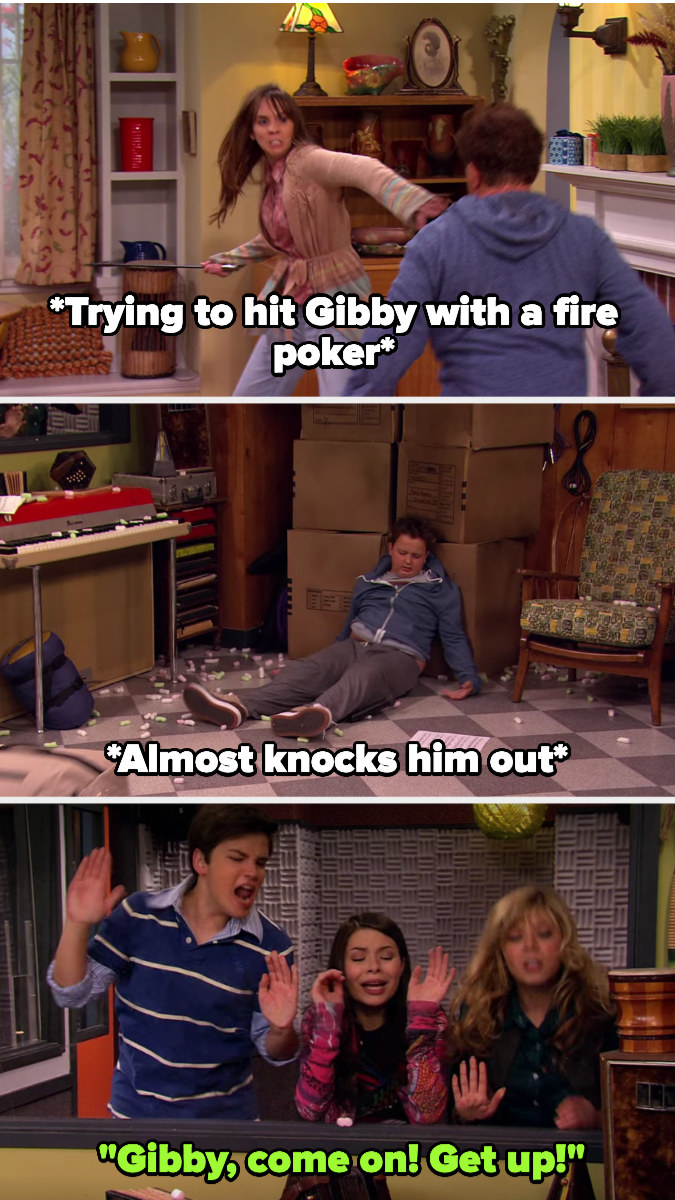 the fan tries to hit Gibby with a fire poker then almost knocks him out, while Freddie, Carly, and Sam beg him to get up