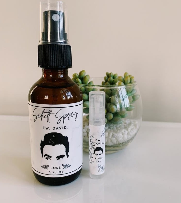 the large and small spray bottles with labels that read &quot;Schitt Spray, Ew, David&quot; with David Rose&#x27;s face on them