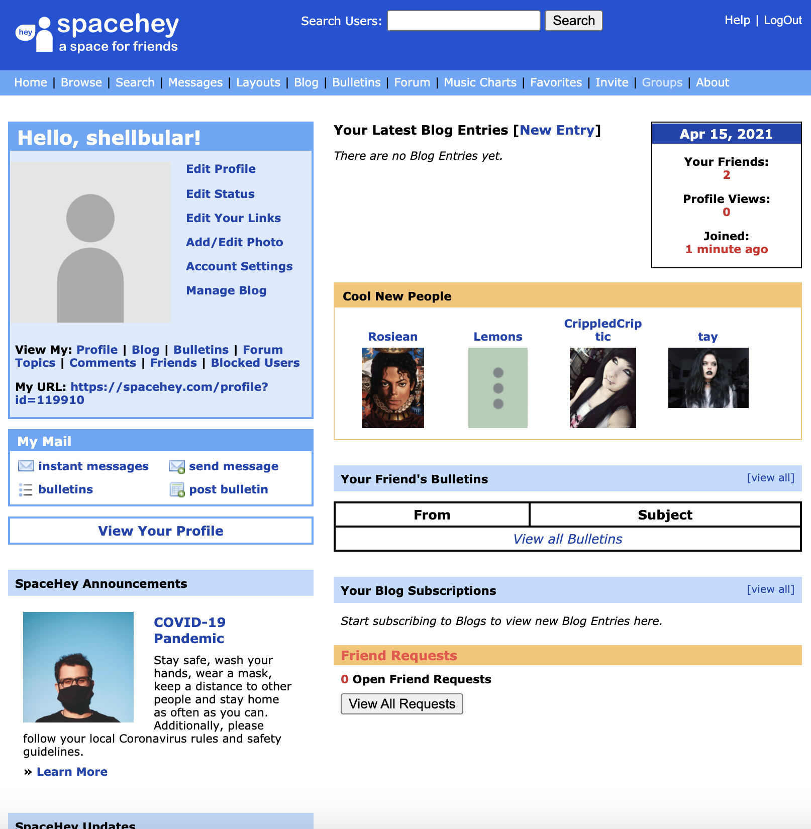 The SpaceHey homepage, looking exactly like the old Myspace homepage down to the positioning, font, and colors