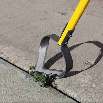 the open teardrop-shaped metal head being used on weeds between cracks in concrete