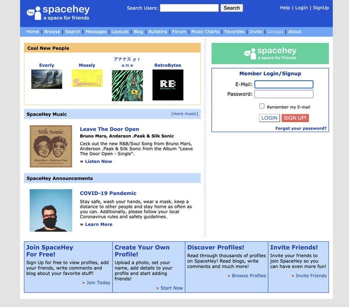 The SpaceHey login page