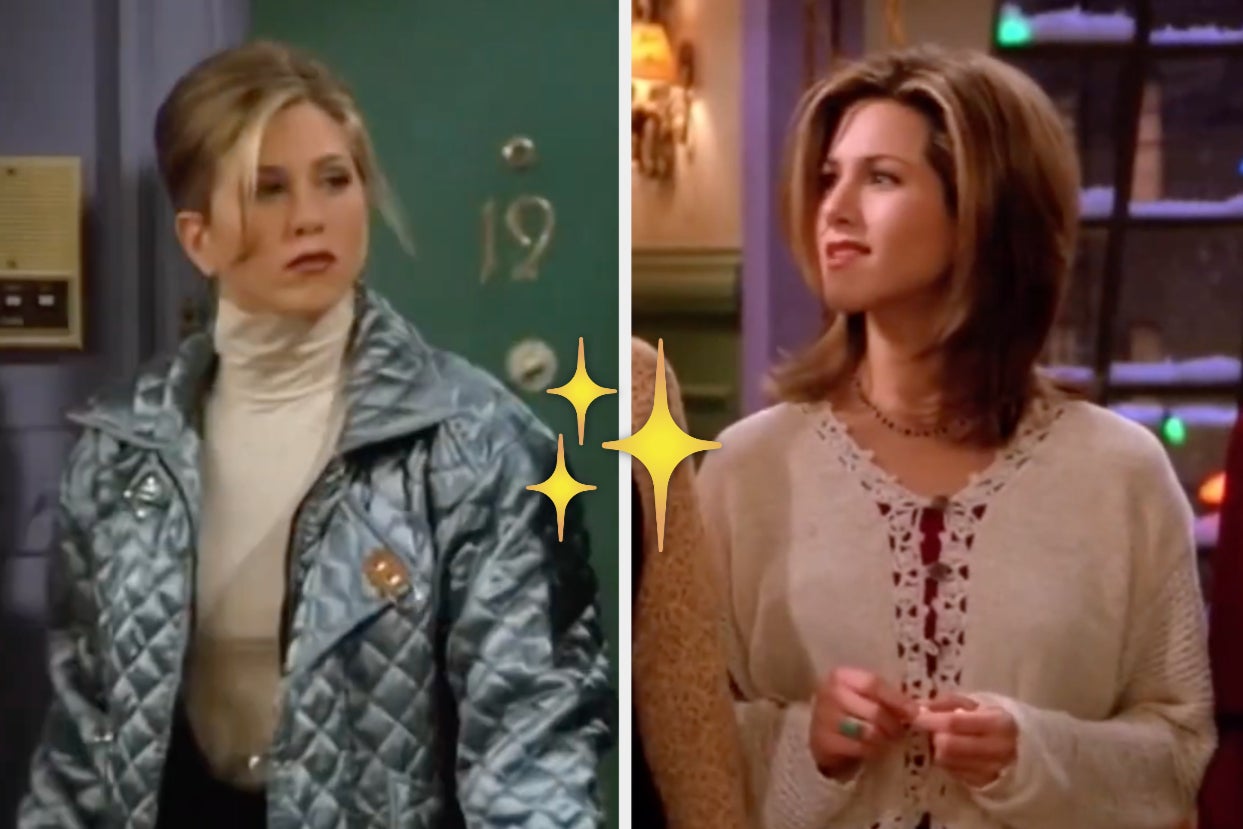 Rachel in a blue jacket, next to rachel in a cardigan