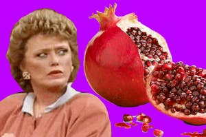 Blanche from Golden Girls looking suspiciously at a pomegranate