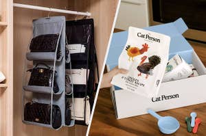 to the left: a handbag holder, to the right: a cat person meal subscription