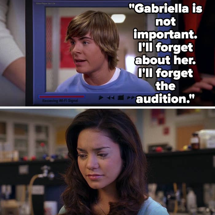 Gabriella watches the tape of Troy saying &quot;Gabriella is not important. I&#x27;ll forget about her. I&#x27;ll forget the audition&quot; in High School Musical