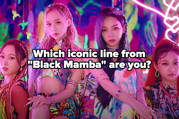 Four members from Aespa are posed with a label that reads 