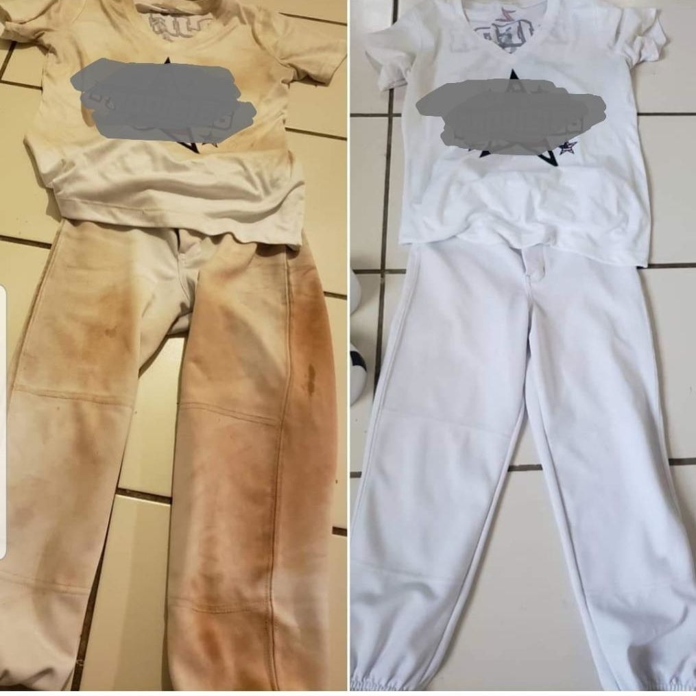 Before and after of a reviewer&#x27;s T-shirt and pants that are stained dark brown and then look bright and white after being cleaned with the soap bar