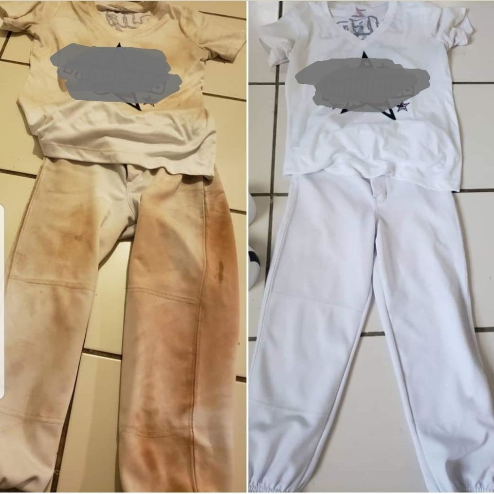 Before and after of a reviewer&#x27;s T-shirt and pants that are stained dark brown and then look bright and white after being cleaned with the soap bar