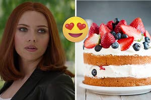 Scarlett Johnansson as Natasha Romanoff in the movie "Captain America: The Winter Solider" and a two layered frosted cake topped with various fresh fruits.
