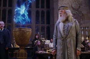 Dumbledore standing next to the goblet of fire
