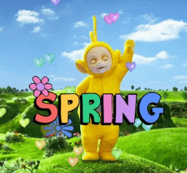 Gif of Tellytubbies dancing with the word &quot;spring&quot; in front of them 