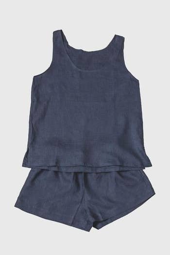 the linen tank top and short set in dark blue 