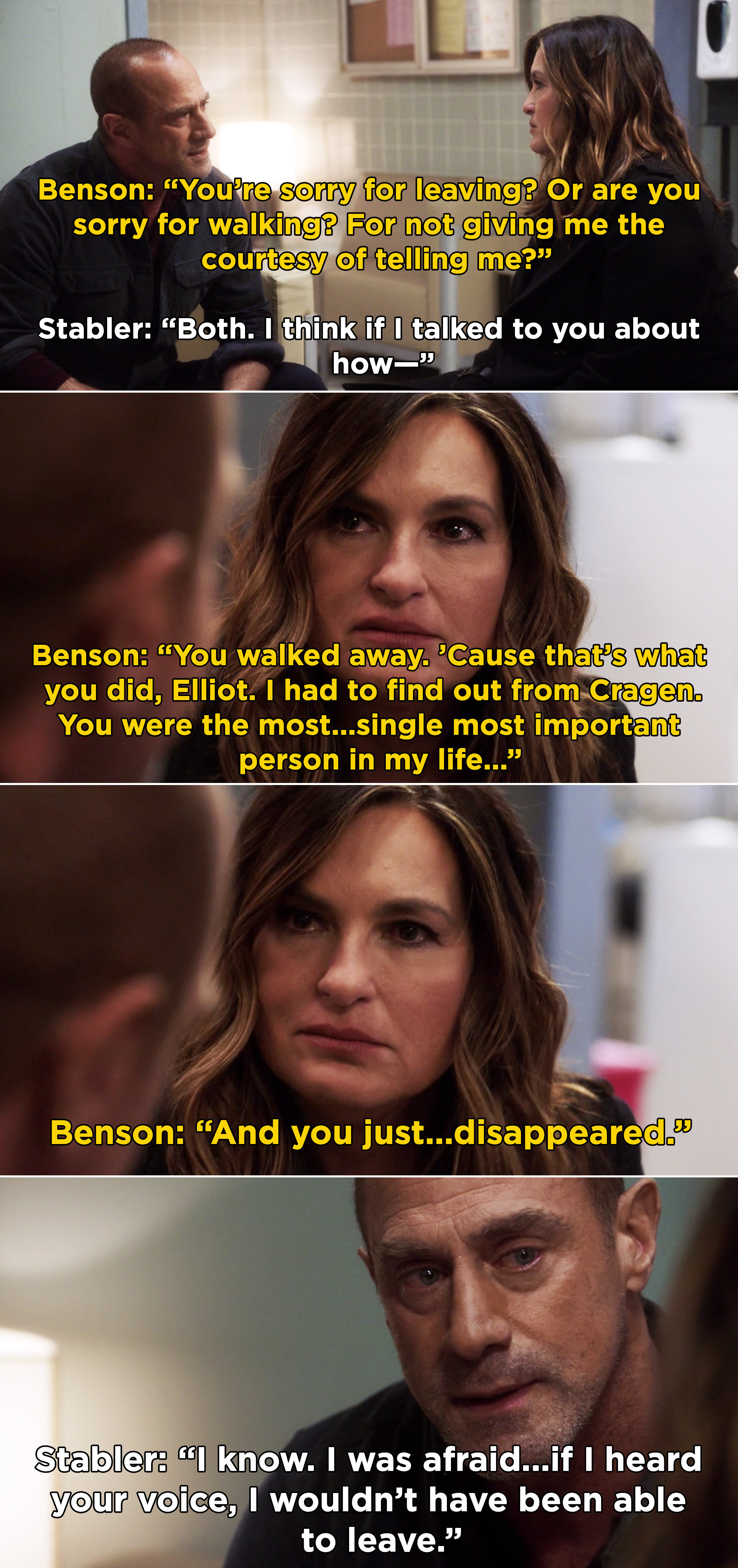 Benson telling Stabler that he was the &quot;single most important person&quot; in her life and when he left it hurt