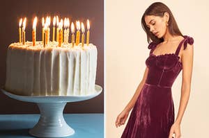A vanilla cake with a bunch of candles on the left and a purple velvet trumpet dress on the right