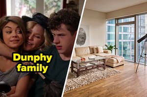 Claire Dunphy hugs her kids Haley and Luke during an episode of the show "Modern Family"and an L shaped couch sits in front of floor to ceiling windows next to a telescope.