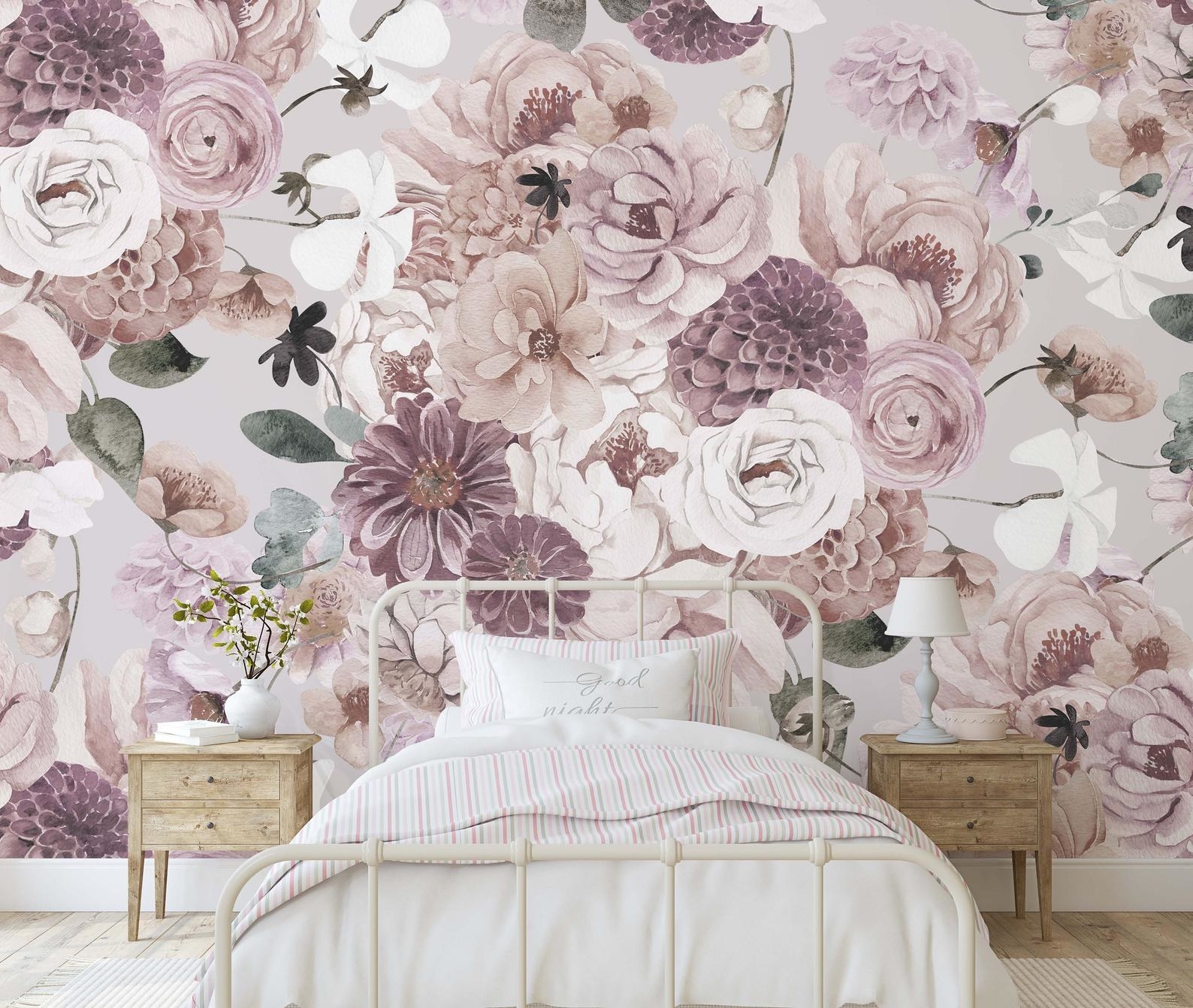 the purple floral mural on a wall behind a bed
