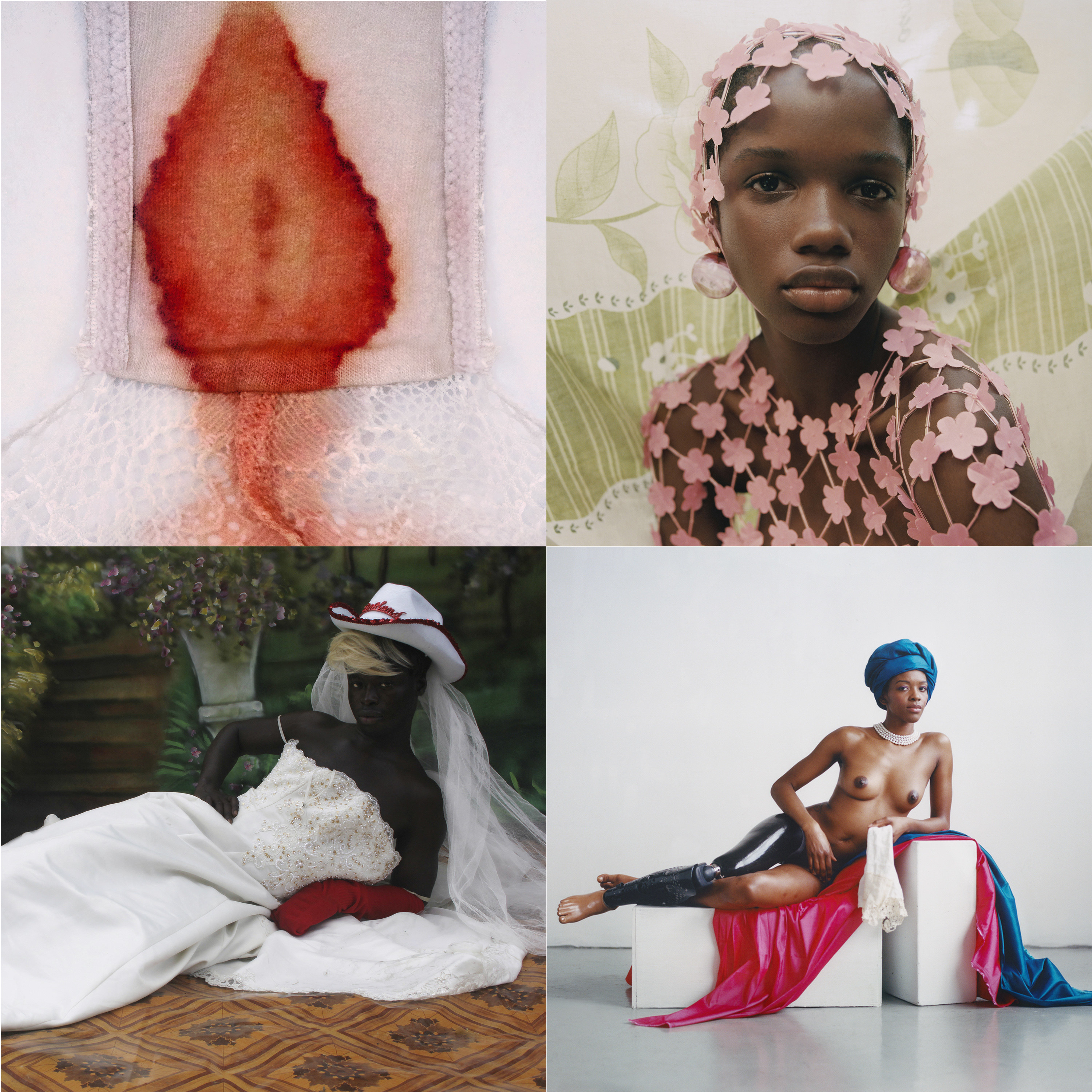 A close up image of blood on underwear, a young woman looking at the camera, a young man in a wedding dress lying down on the floor, a woman naked with a prosthetic leg looking at the camera