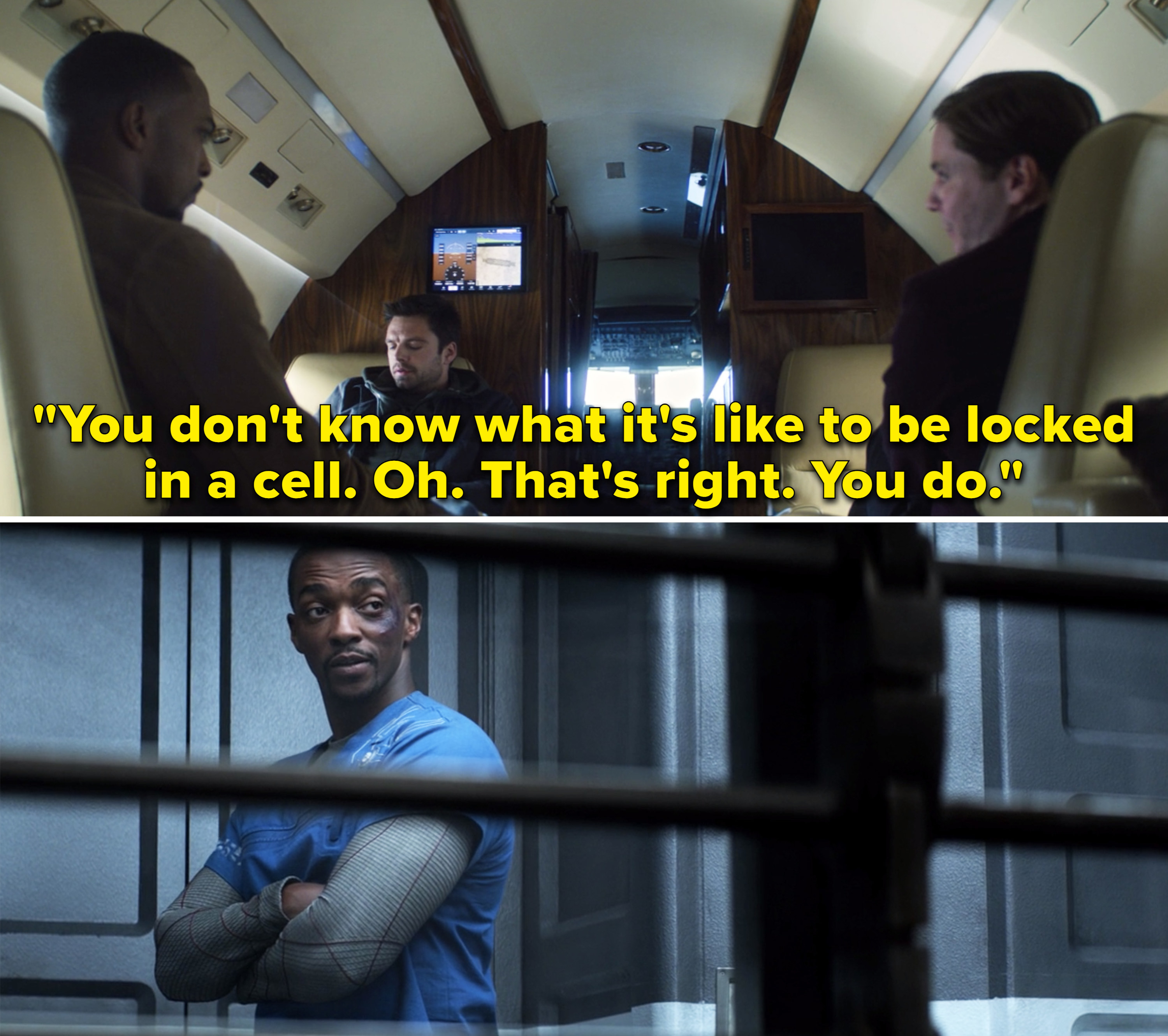 Zemo saying, &quot;You don&#x27;t know what it&#x27;s like to be locked in a cell. Oh. That&#x27;s right. You do&quot;