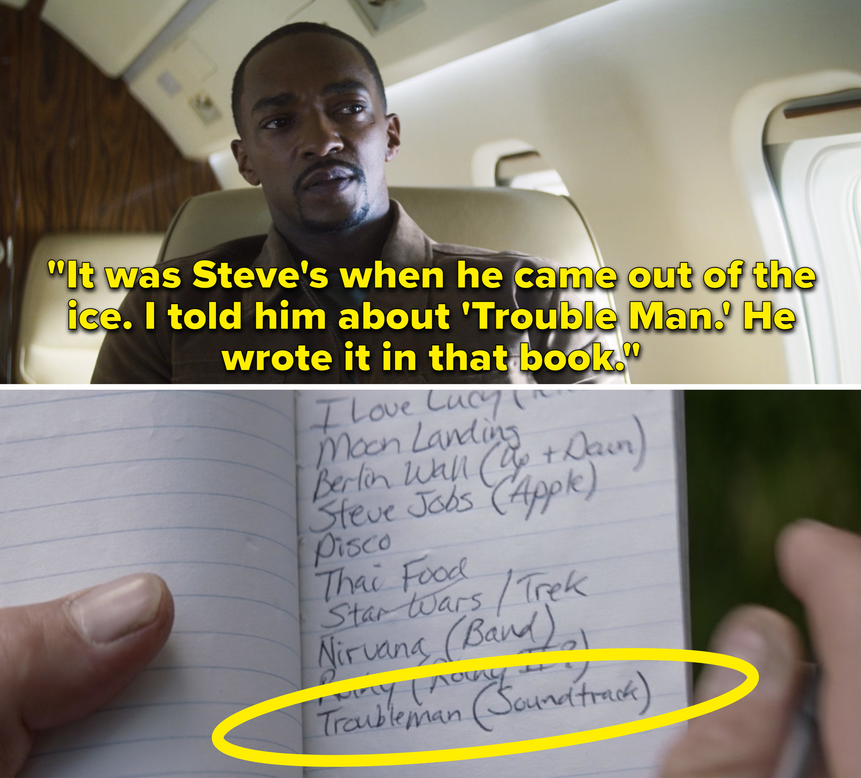 Sam saying, &quot;It was Steve&#x27;s when he came out of the ice. I told him about &#x27;Trouble Man.&#x27; He wrote it in that book&quot;