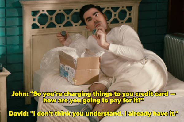 John asking David how he will pay for the credit card purchase