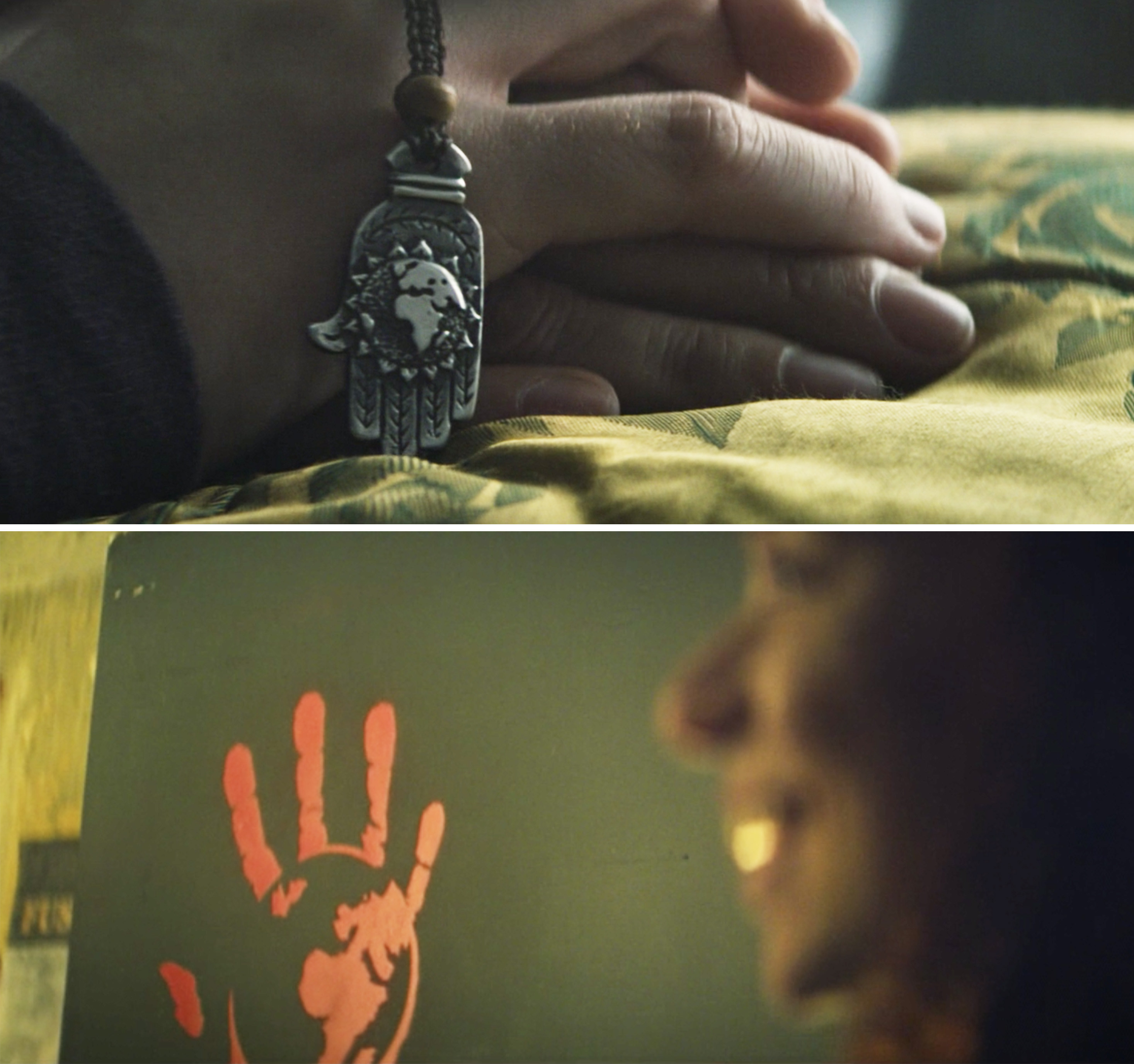 A close-up of Karli&#x27;s hand necklace vs. the Flag Smashers red hand logo