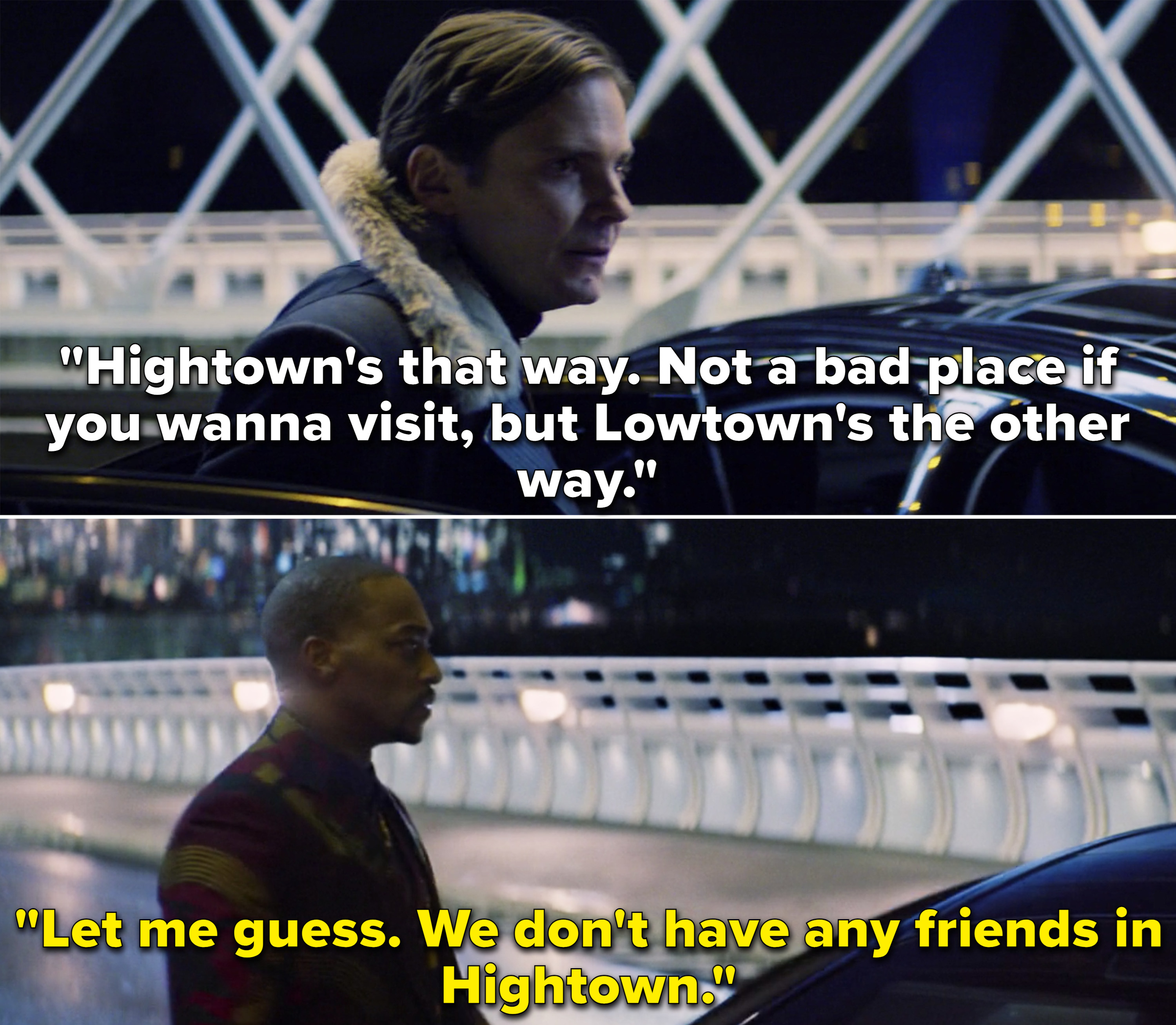 Zemo explaining that Hightown is &quot;not a bad place if you wanna visit, but Lowtown&#x27;s the other way&quot;