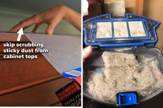 wax paper on cabinet tops to skip scrubbing sticky dust; a robovac dustpan full of dust and debris