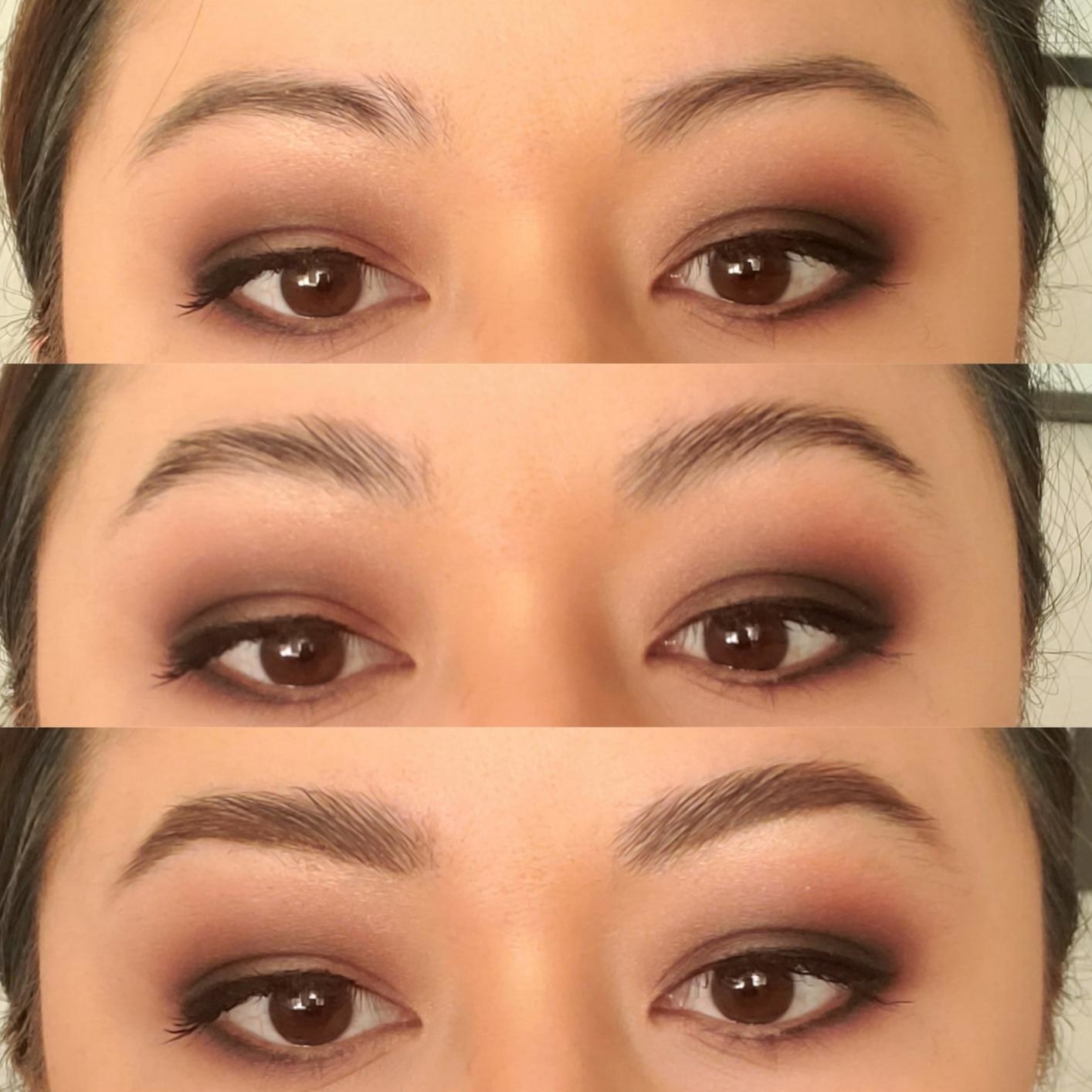 Progression photo showing reviewer&#x27;s natural brows, the brows with the soap applied, and the brows with soap and powder applied