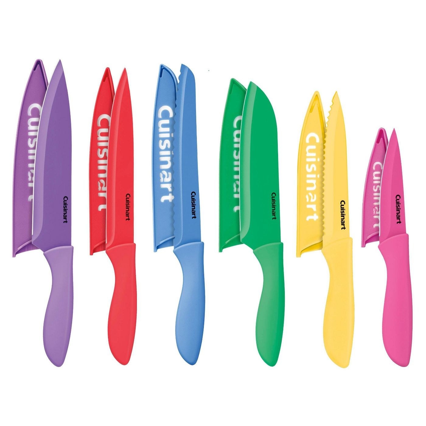six knives with guards that are purple, red, blue, green, yellow, and pink