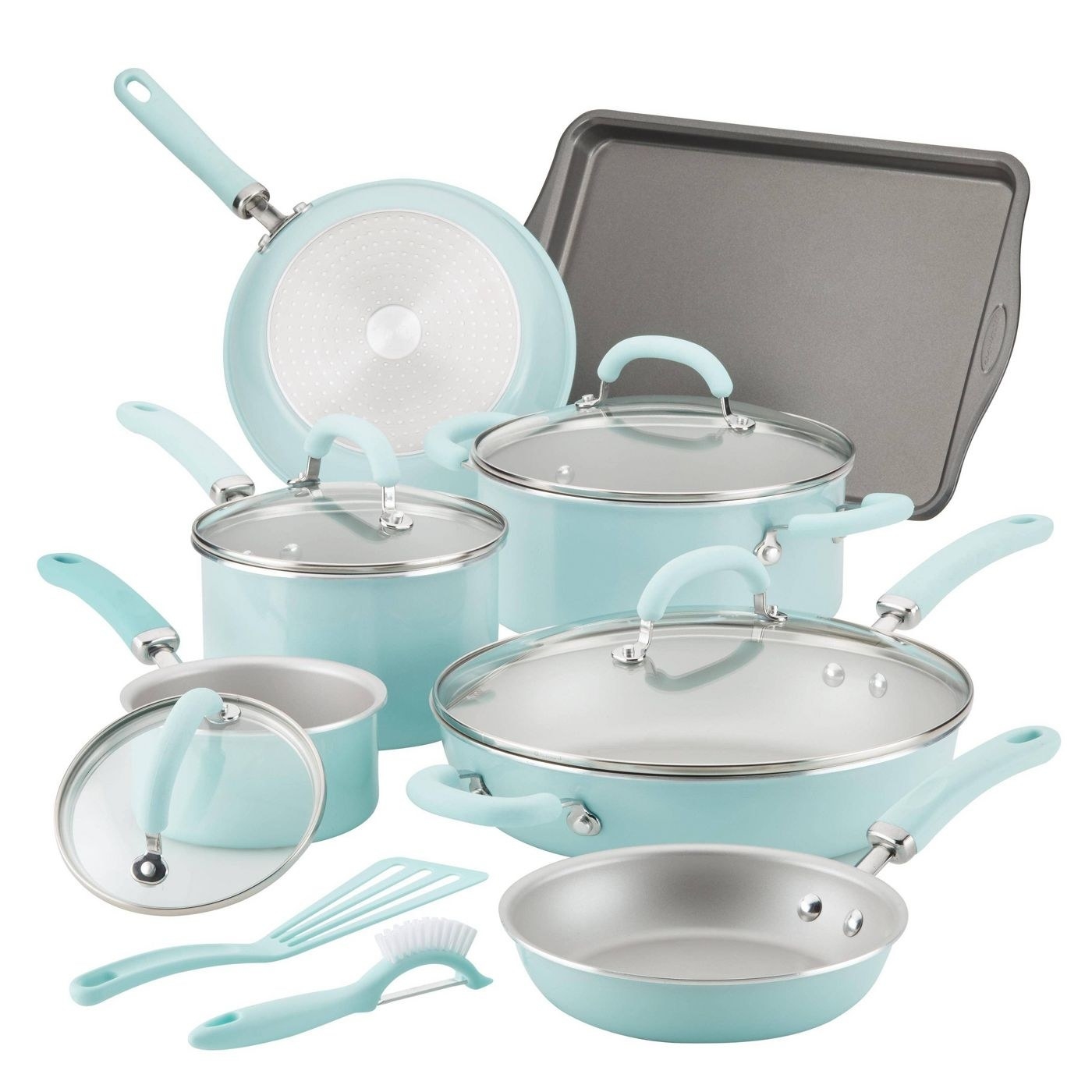 mint green cookware set with pots and pans