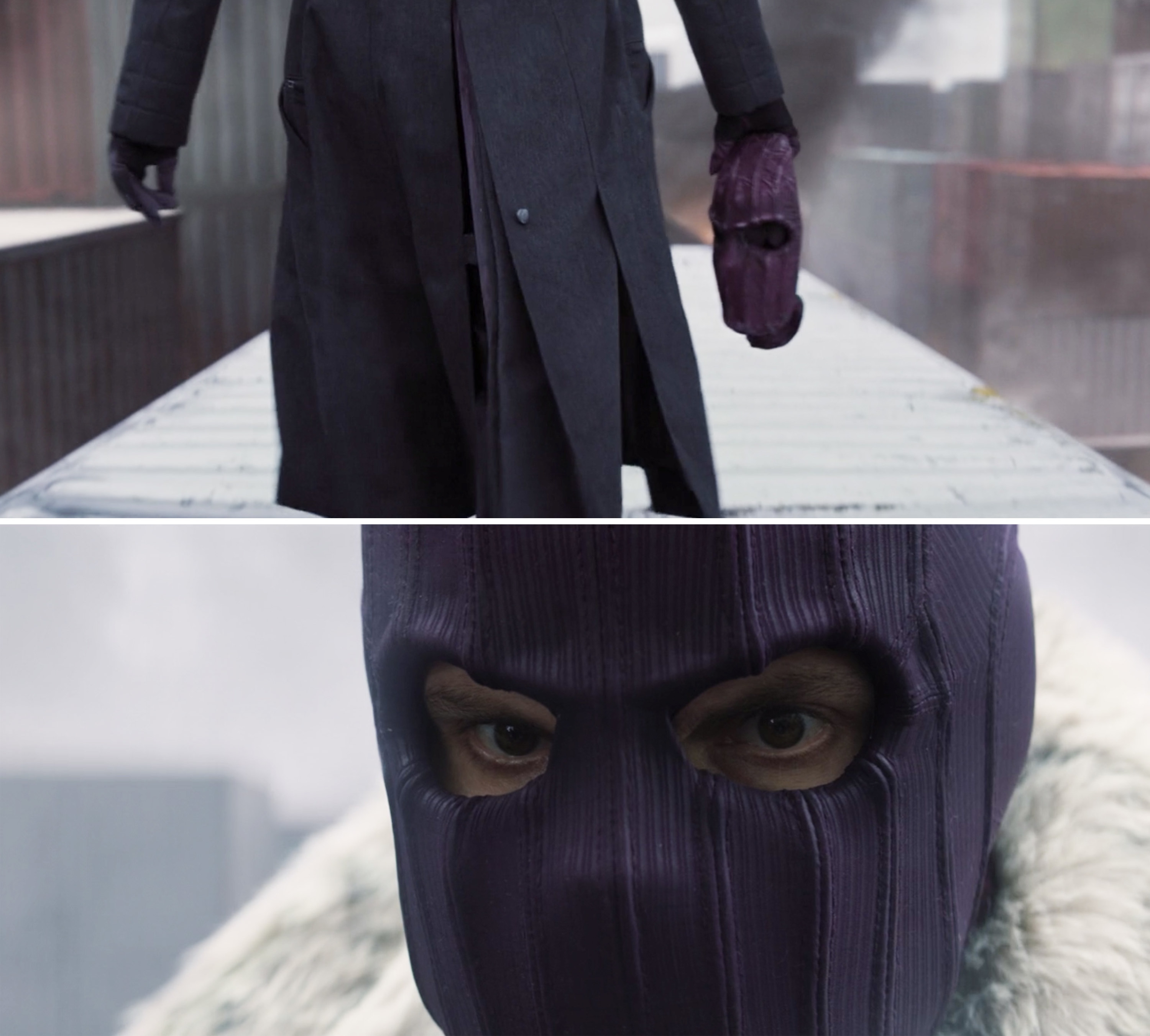 Zemo carrying and then wearing a purple ski mask