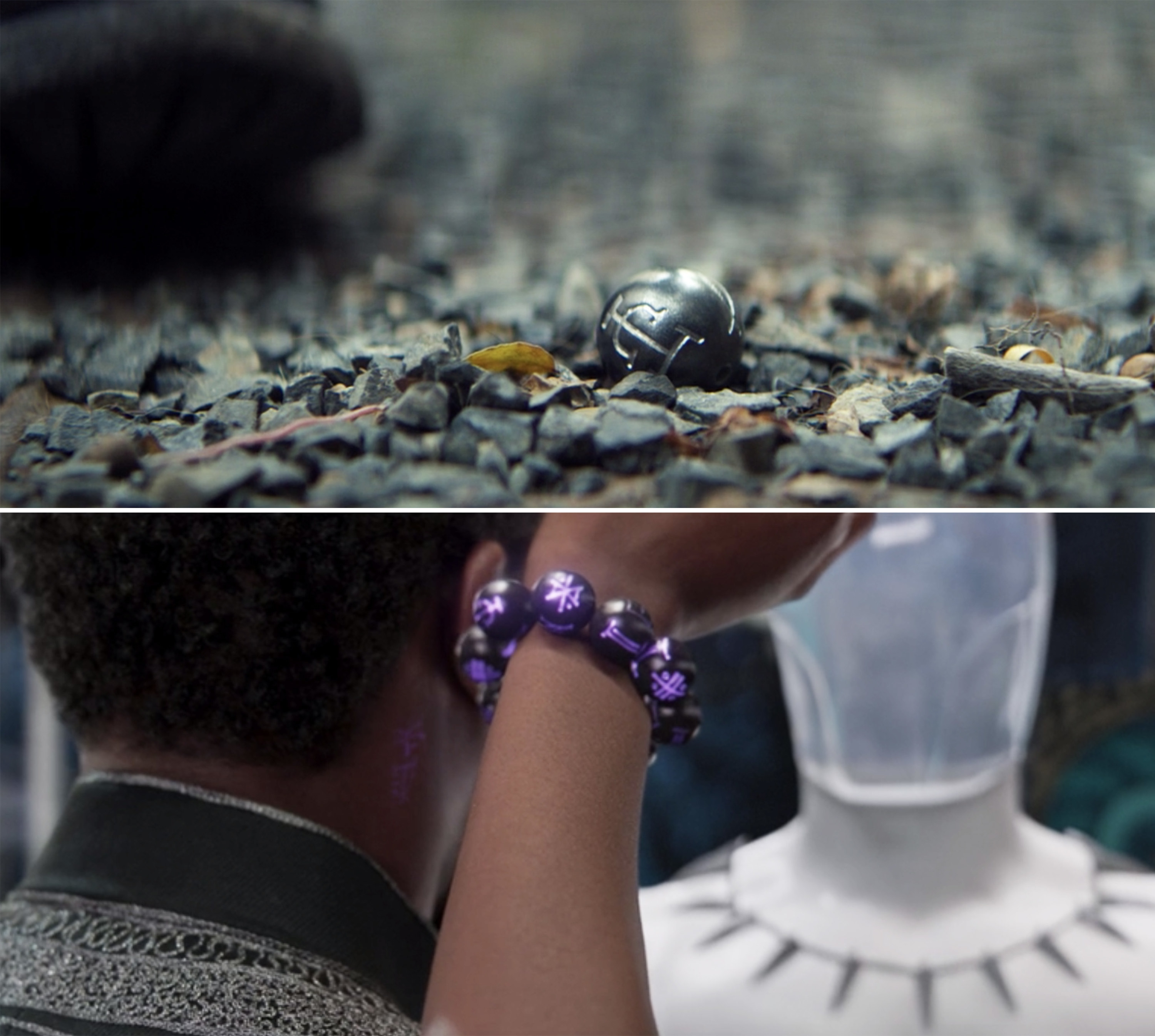 A kimoyo bead on the gravel vs. Shuri wearing them as a bracelet