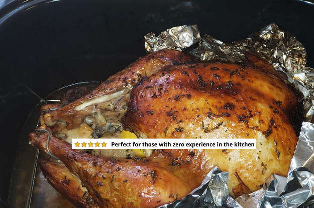 A reviewer's browned turkey with five stars and text