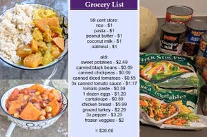 homemade meals next to a grocery shopping list and canned goods