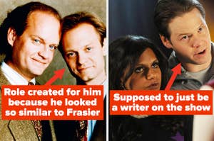 Arrow pointing to Niles from Frasier labeled "Role created for him because he looked so similar to Frasier" and arrow pointing to Morgan on The Mindy Project labeled "supposed to just be a writer on the show" 