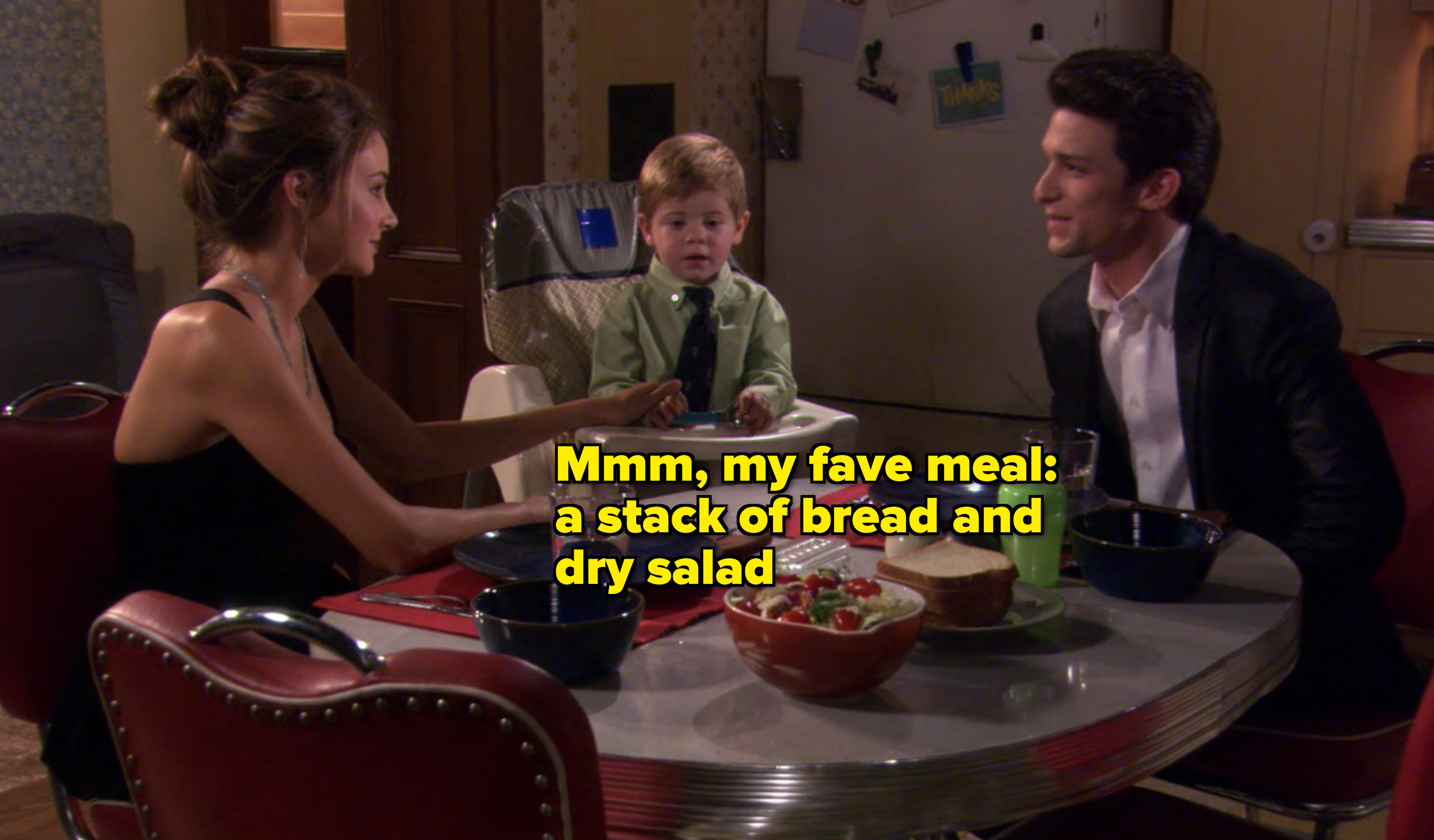 amy, her baby, and ricky having dinner