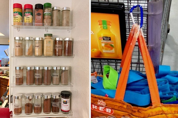spices on side of cabinet; carabiner attached to a shopping cart