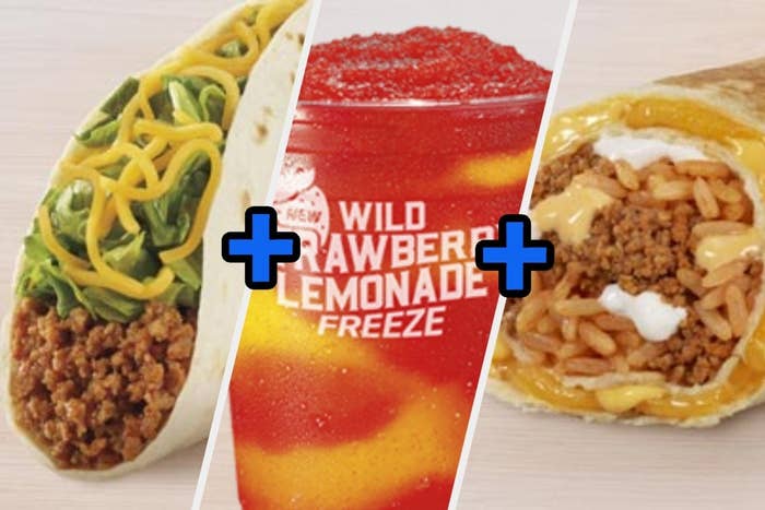 A taco, a strawberry lemonade freeze, and a quesarito 