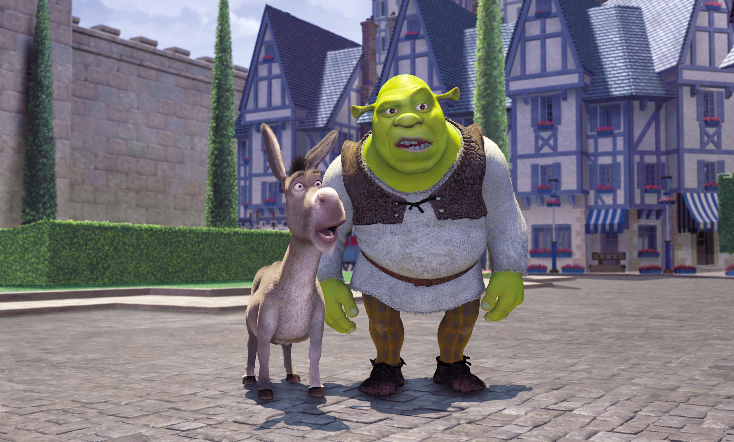 A photo of Shrek and Donkey looking shocked