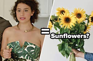 Ilana Glazer as Ilana Wexler in the show "Broad City" and a hand holds a bundle of sunflowers.