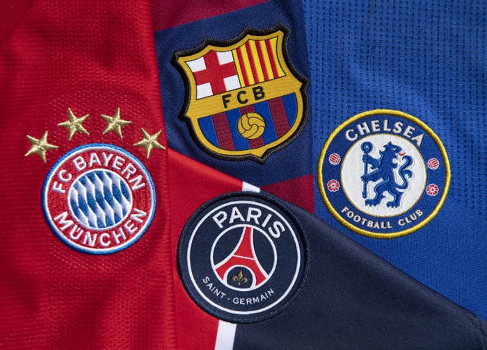 Four soccer team emblems: PSG, Barcelona, Bayern, and Chelsea