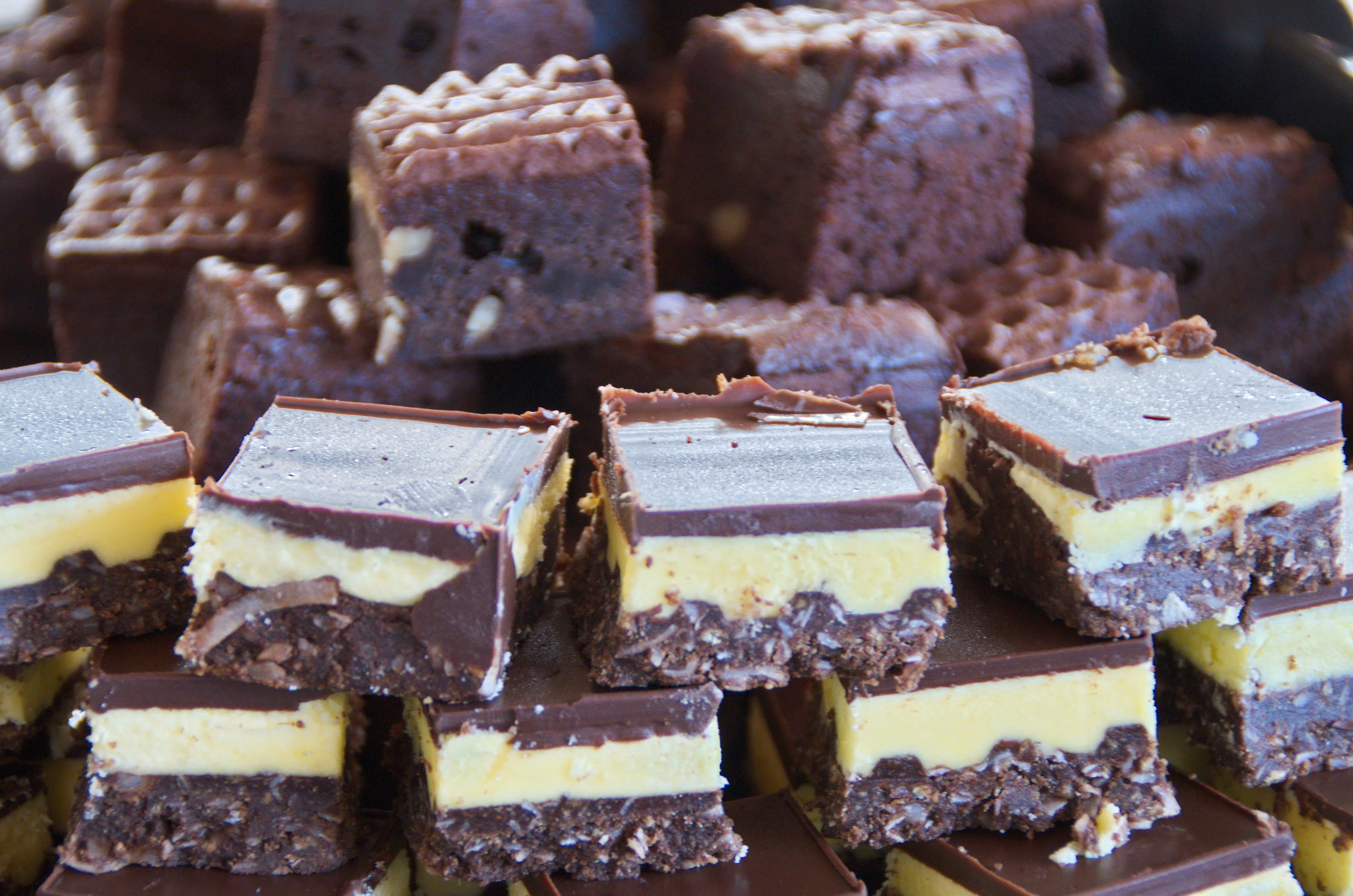 Two stacked rows of Nanaimo bars, which are layered treats containing wafer, nut, and coconut crumb base, custard icing, and chocolate ganache