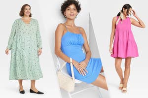 a model wearing a polka-dotted dress; a model in a blue spaghetti strap dress; a model in a pink A-line dress