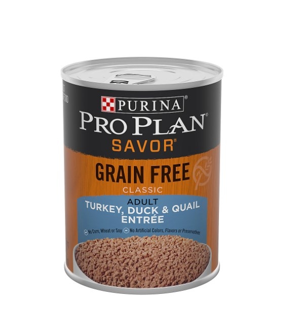 The can of pro plan savor wet food in turkey, duck, and quail