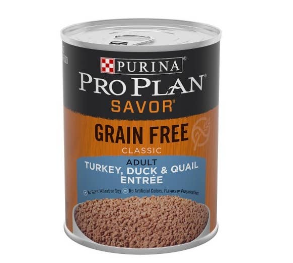 The can of pro plan savor wet food in turkey, duck, and quail