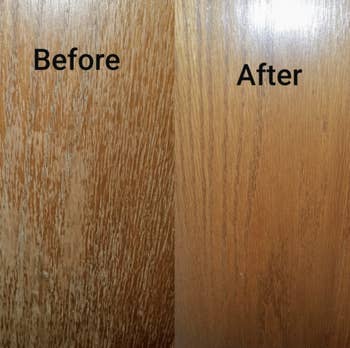 damaged looking cabinet surface then renewed looking surface thanks to the wood polish